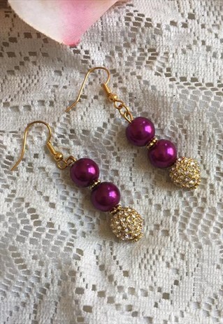 MURASAKI SWAROVSKI CRYSTAL PURPLE GOLD PEARL DROP EARRINGS