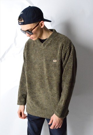 VINTAGE 90S GREYISH KHAKI V-NECK GRUNGE JUMPER