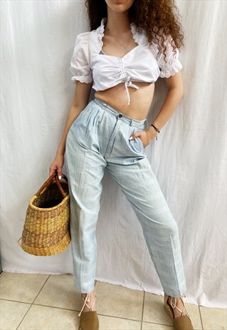 VINTAGE 80S TARTAN CHECK BABY BLUE TAPERED TROUSERS PANTS