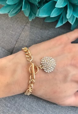 Gold Coloured Diamonte Heart Chain Bracelet