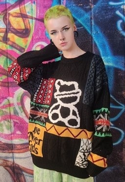 Teddy bear sweater Animal print cable knitwear jumper black