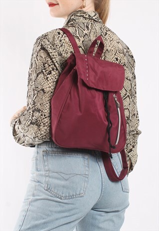 VINTAGE CANVAS BACKPACK IN MAROON WITH DIAMANTE