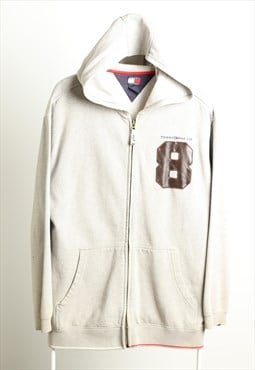 Vintage Tommy Hilfiger Zip up Hooded Logo Sweatshirt Grey 