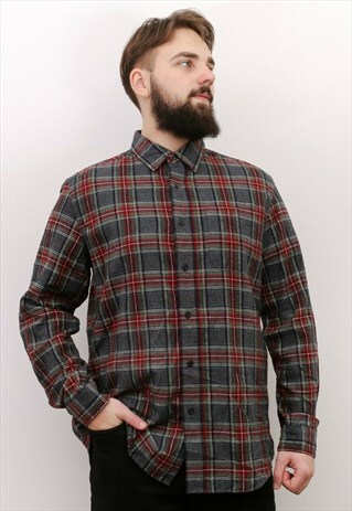 BRUSHED COTTON VINTAGE MEN'S L PLAID SHIRT CHECKED FLANNEL