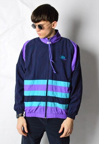 VINTAGE 90S NAVY BLUE COLOUR BLOCK SHELL TRACK JACKET