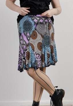 Vintage Y2k Multi Crazy Pattern Light Godet Style Midi Skirt