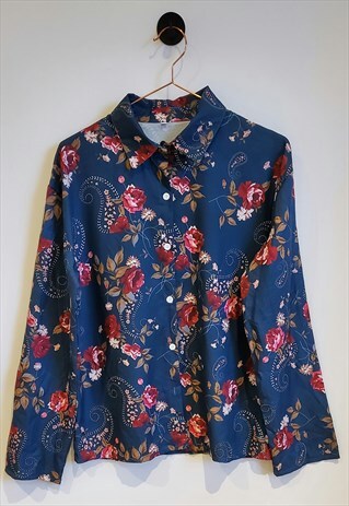 VINTAGE 80S FLORAL PRINT LONG SLEEVE BLOUSE SIZE 10-12
