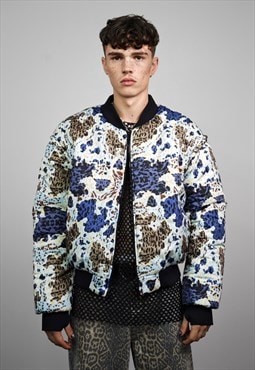 Leopard varsity jacket blue animal print reversible bomber