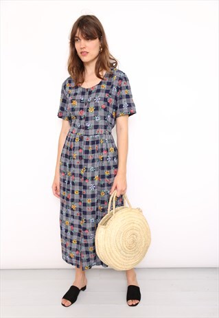 VINTAGE 90S CHECK FLORAL PRINT MIDI DRESS