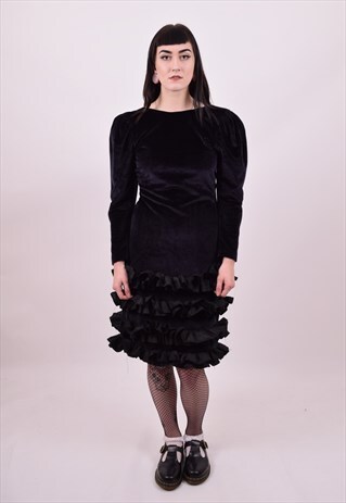 VINTAGE 80'S BLACK VELVET COCKTAIL FESTIVAL DRESS SIZE 10 12