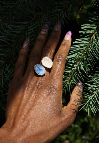 DENIM BLUE WHITE DOUBLE GEMSTONE ADJUSTABLE GOLD RING