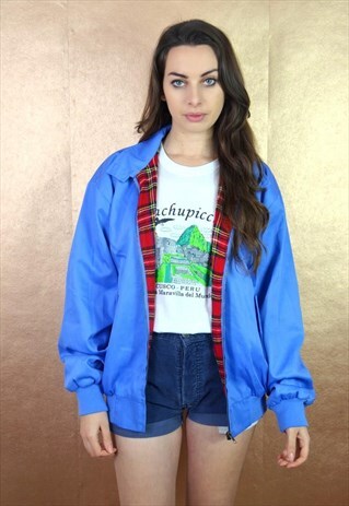 90S VINTAGE LIGHT BLUE TARTAN LINED HARRINGTON JACKET