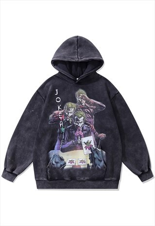 JOKER PRINT HOODIE VINTAGE WASH PULLOVER CLOWN PRINT JUMPER