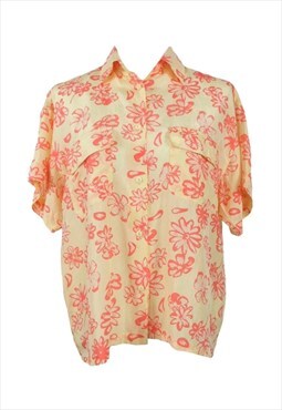 Vintage 80s Shirt Bright Floral Yellow & Orange Short Sleeve