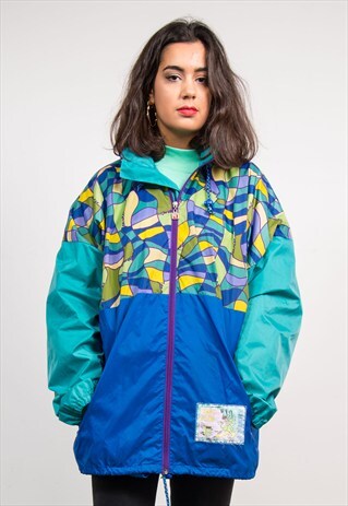 90'S VINTAGE CRAZY PATTERN GREEN CAGOULE JACKET