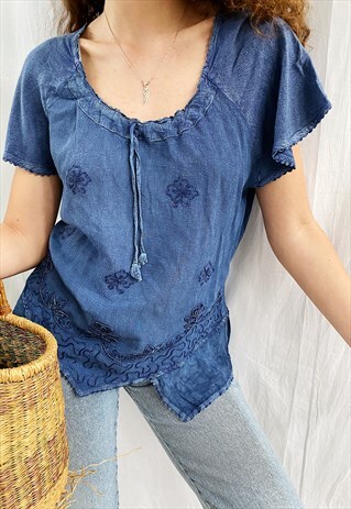VINTAGE 90S BOHO HIPPIE EMBROIDERED DENIM-LIKE BLOUSE TOP