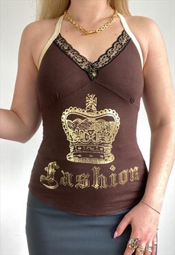 Early 00s brown fashion queen halter neck top 