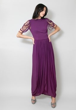 70's Vintage Purple Ladies Maxi Dress Slinky Grecian Evening