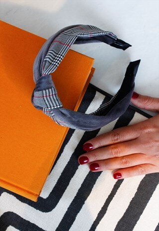 GREY CHECK PRINT TOP KNOT ALICE BAND