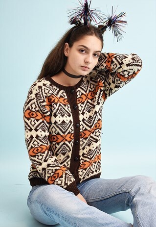 70'S RETRO FAIR ISLE WOOL KNIT CHRISTMAS CARDIGAN JUMPER