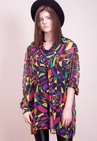 ABSTRACT PRINT WOMENS BUTTON UP SHIRT FROM THE 90S