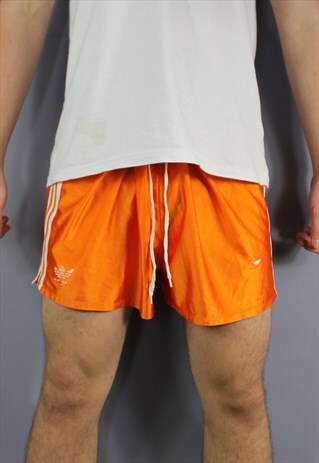 VINTAGE ADIDAS SHORTS IN ORANGE, PRINTED LOGO AND DRAWSTRING