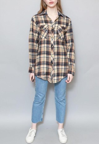 VINTAGE 1990'S NAVY/BROWN PLAID FLANNEL LONG SLEEVED SHIRT