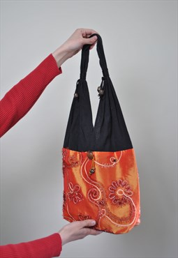 Boho orange bag, floral hippie purse, vintage 80s summer 