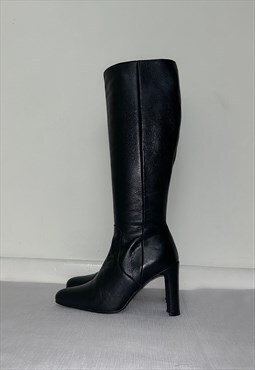 Vintage Black Real Leather Knee High Boots