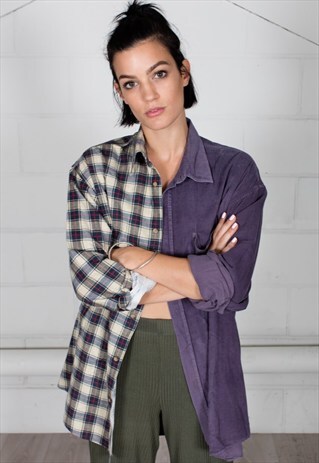 VINTAGE CORDUROY CHECKED FLANNEL RECONSTRUCTED UNISEX SHIRT