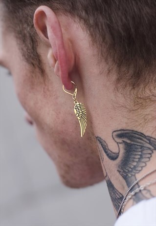 HOOP HANGING ANGEL FEATHER WING EARRING - GOLD