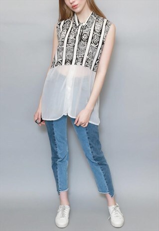 VINTAGE 1990'S SLEEVELESS BLACK AND WHITE AZTEC PRINT SHIRT