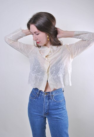 80S VINTAGE WOMEN BEIGE LACE BLOUSE FOR WORK