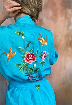 Turquoise Embroidered Chinese Satin Rayon Robe Jacket Bird