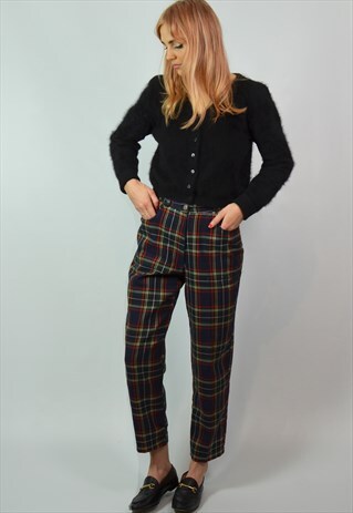 VINTAGE 90S NAVY TARTAN CHECK HIGH RISE TAPERED TROUSERS