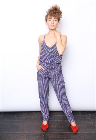 BLUE RED GRAPHIC PRINT JUMPSUIT