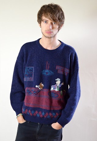 80S VINTAGE CARTOON MOTIF BLUE AND RED KNIT JUMPER