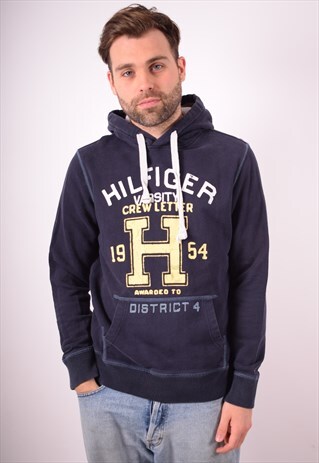 TOMMY HILFIGER MENS VINTAGE HOODIE JUMPER MEDIUM NAVY 90S