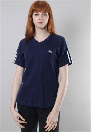 VINTAGE 90S ADIDAS BLUE V NECK T-SHIRT