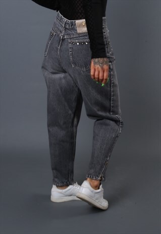 HIGH WAISTED DENIM JEANS TAPERED LEG UK 12 - 14 VINTAGE L63Q