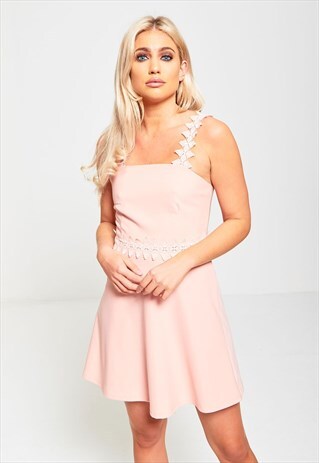 PINK CROCHET STRAP SKATER DRESS