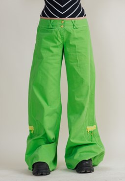Vintage Y2k Techno Green Low Waist Flare Trousers Women L