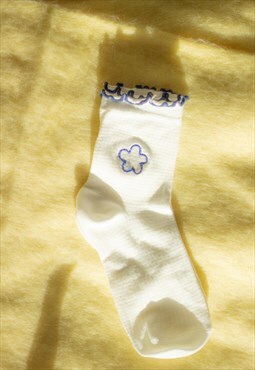 Blue Frill Top Flower Embroidered Socks