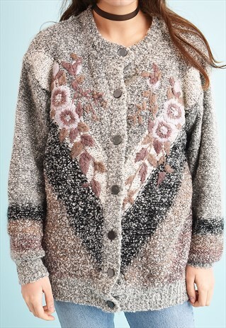 80'S RETRO JAZZY EMBROIDERED MOMS KNIT CARDI