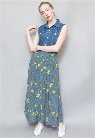 VINTAGE 1990'S 'MAXIME' GREEN FLORAL DENIM MAXI DRESS