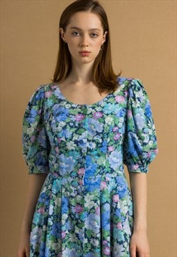 Vintage Floral Folk Dress with Puff Sleeves 6048