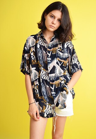 VINTAGE 90'S RETRO ABSTRACT PRINT OVERSIZED SHIRT BLOUSE TOP