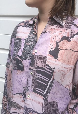 WOMENS VINTAGE 80S SHIRT PURPLE ABSTRACT PATTERN BLOUSE TOP