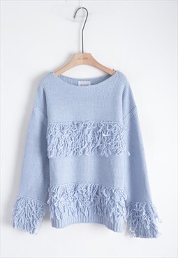 Long Sleeve Jumper with Fringed Tassel Design in Blue
