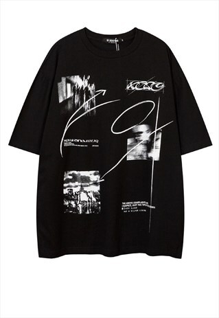 Gothic print t-shirt Y2K shadow slogan tee in black